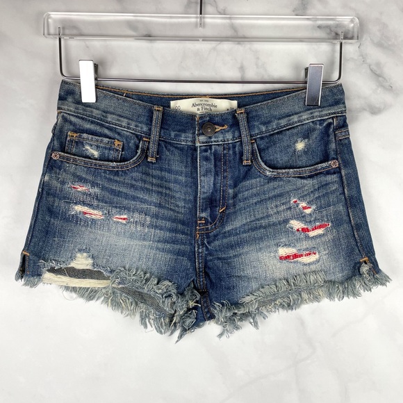 Abercrombie & Fitch Distressed Flag Peekaboo Cutoff Denim Jean Shorts Retro 24 - Picture 1 of 7